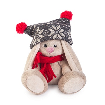 Зайка Ми в черной шапке с помпонами и красном шарфике (малыш) SidX-179