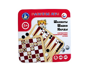 Игра магнитная в жестяной коробочке "Шахматы, шашки, нарды" 04302