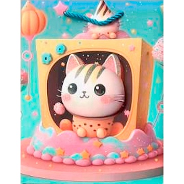 Пакет подарочный мат.лам,глиттер,3Dэл. 26*32*10см(L), Котик в коробке, 210г ПКП-9256