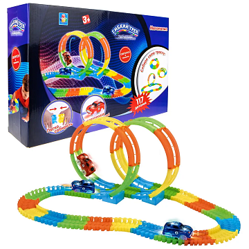 Гибкий трек - Мегаполис, 2 петли, дорога светится, 1 машинка со светом, 117 деталей Т13198