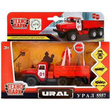 Машина металл УРАЛ пожарная , 12 см, дв., багаж., инерц.+фигур., знак, в асс 312440