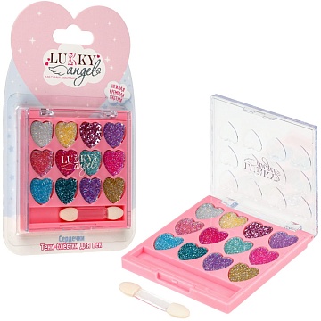 Lukky Angel палетка крем-теней д.век с блёстками,12 цветов "Сердечки", розовая коллекция Т25835