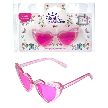 Солнцезащитные очки для детей "Сердечки", оправа прозрачная розовая с блестками Т22481
